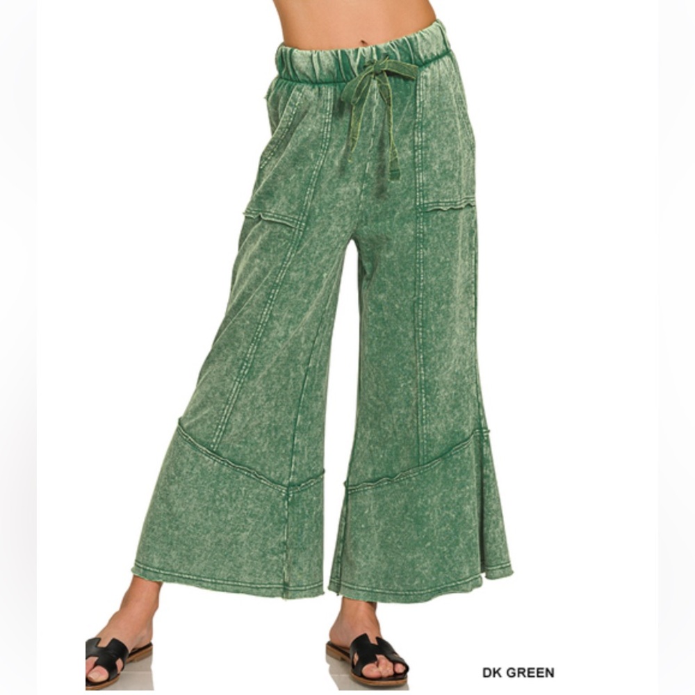 Zenana Outfitters Dark Green Wide Leg Drawstring Pants